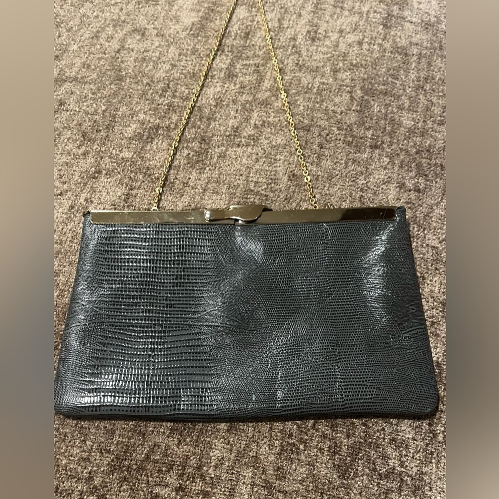 Vintage MCM Genuine Leather Gray Snake Print Shoulder Purse Handbag Gold Chain